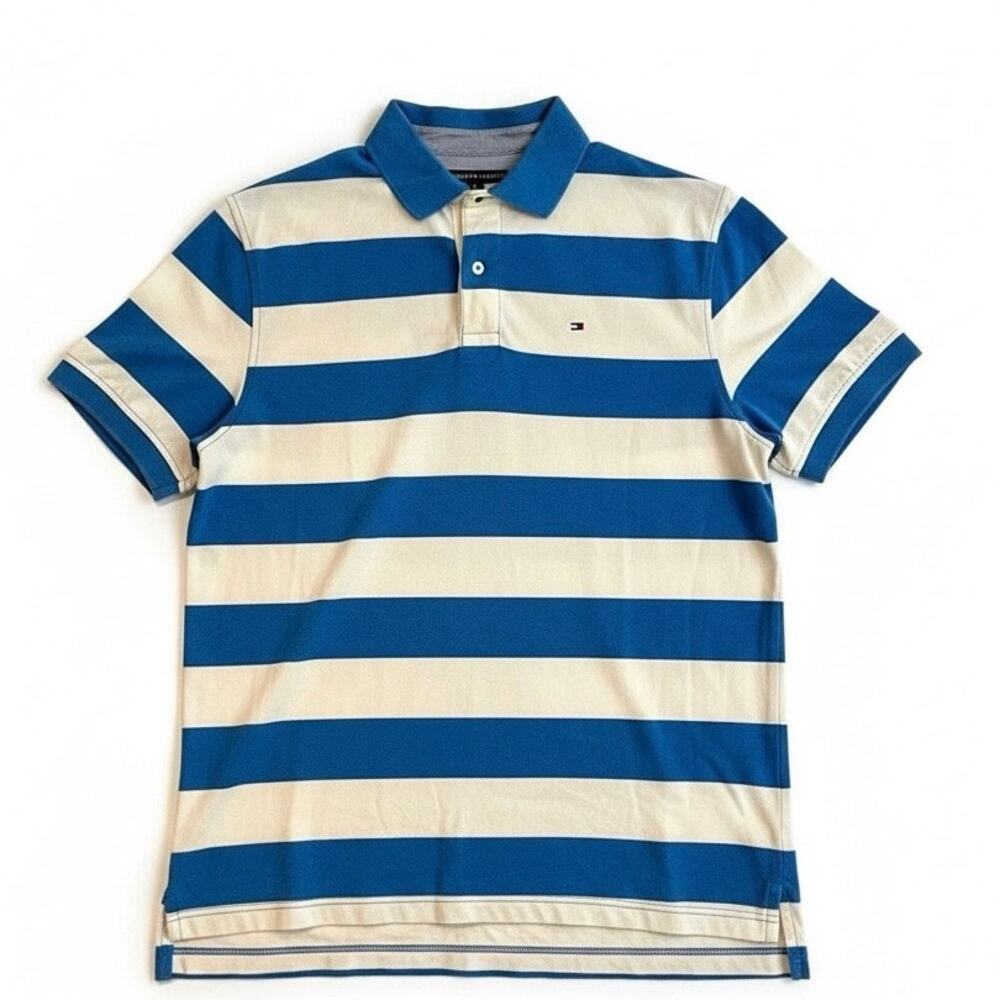 Vintage Y2K Tommy Hilfiger Rugby Polo Blue White Striped Preppy Skater Size M